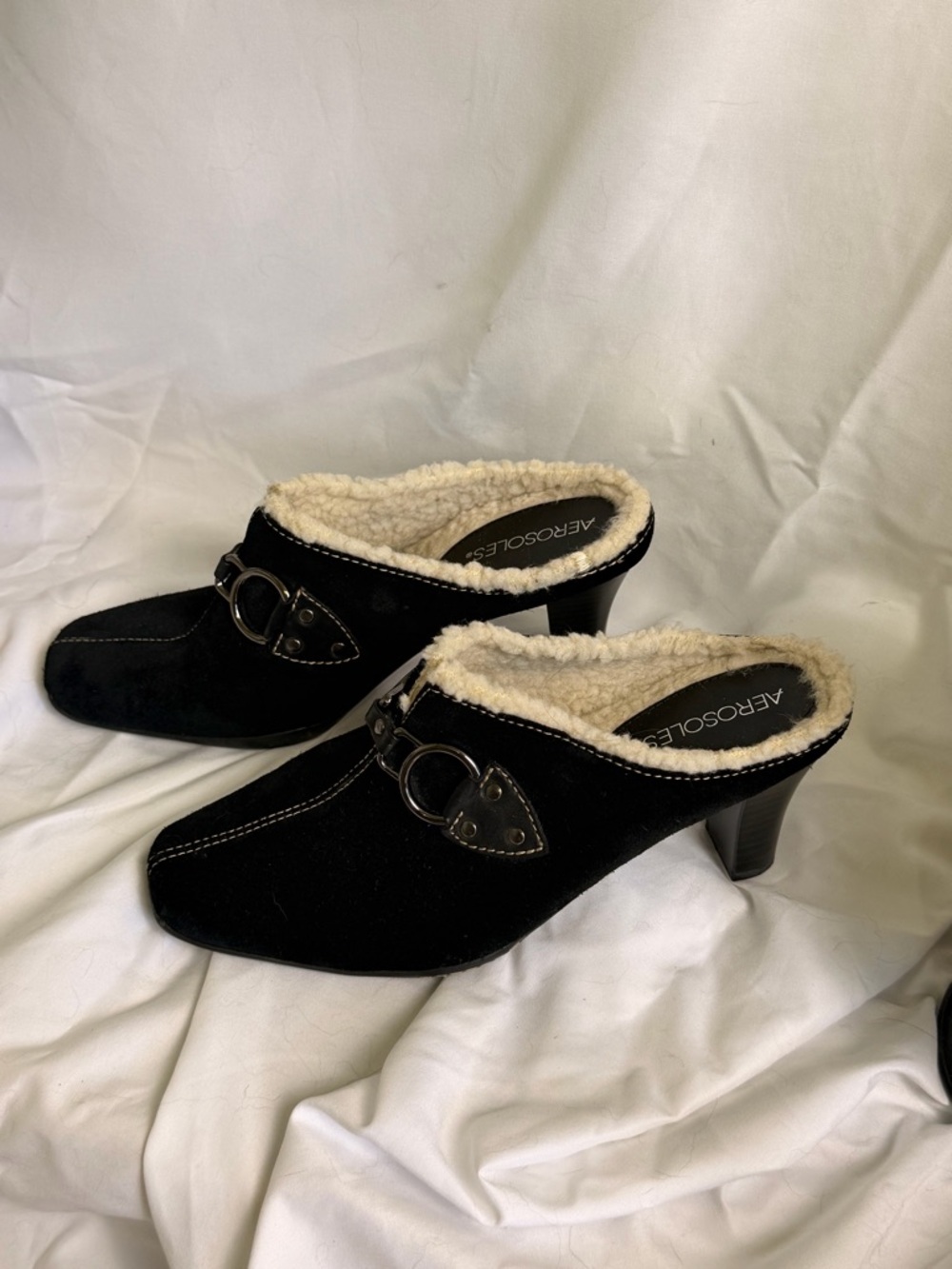 AEROSOLES Black Suede Shearling-Trim Horsebit Mules Clogs - Picture 4 of 8